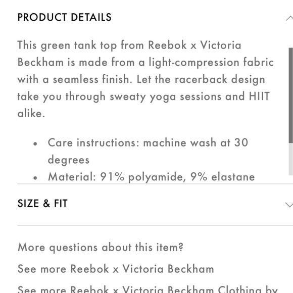Reebok x Victoria Beckham green tank medium new - Picture 4 of 7